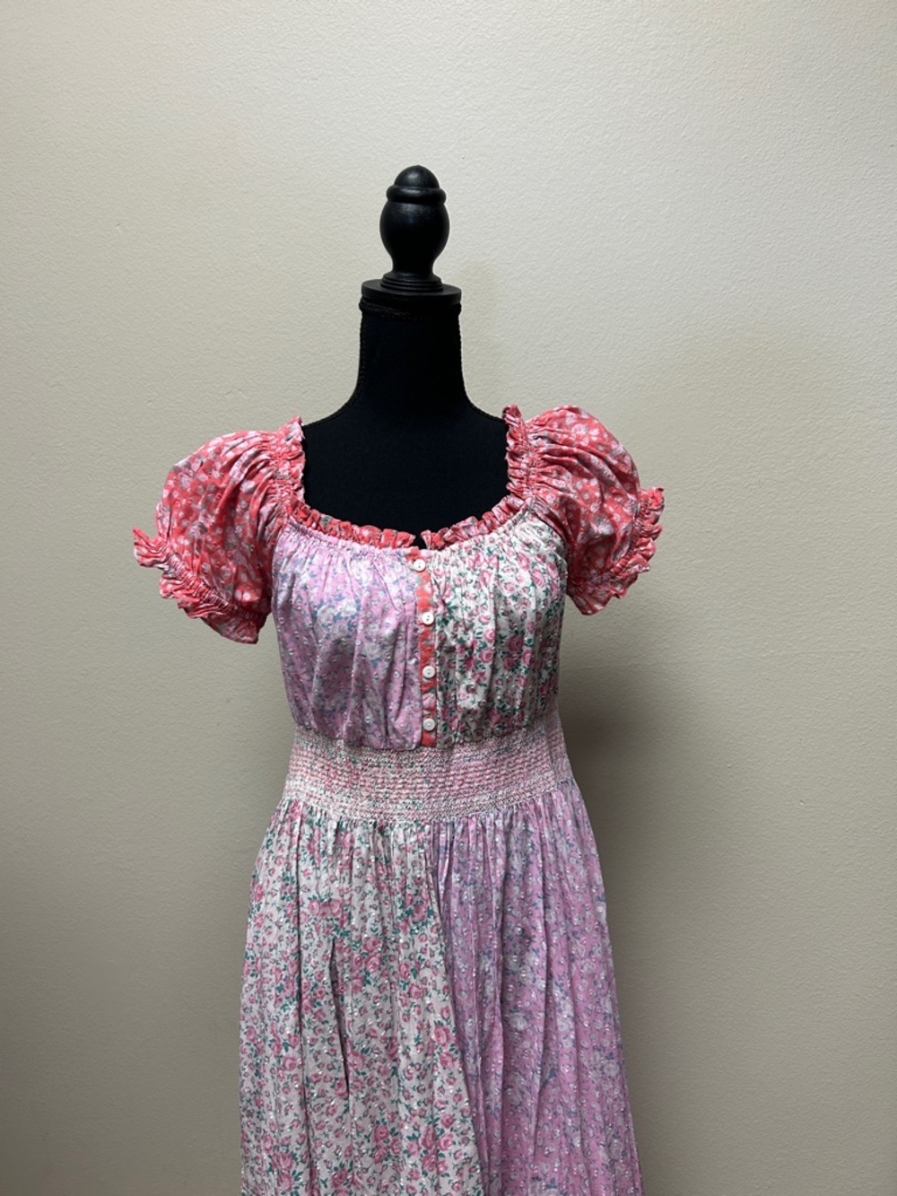 LoveShackFancy Pink Floral Maxi Dress with Coral Puff Sleeves - Picture 3 of 5